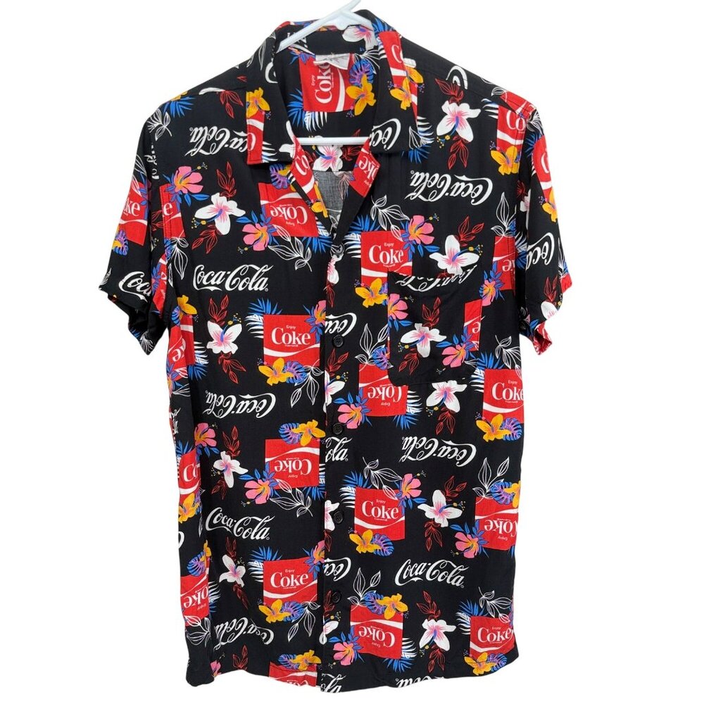 Coca-Cola Hawaiian Button-Up Shirt Black Floral Mens Small Short Sleeve Rayon